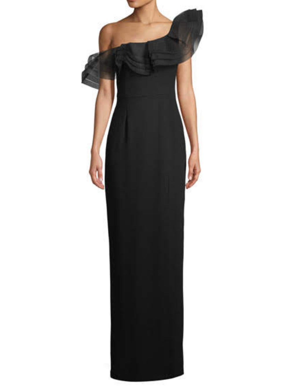 Aidan Mattox Black One-Shoulder Ruffle Column Gown